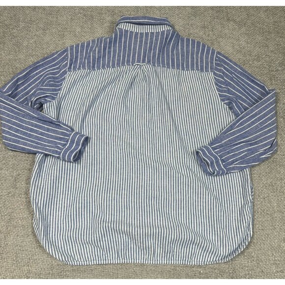 Old Navy Boyfriend Shirt Womens Large Blue White‎ Striped Linen Blend Beach - Picture 2 of 9